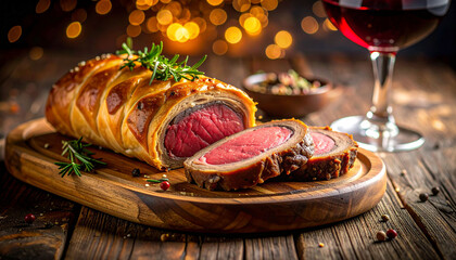 Rustic Beef Wellington Sliced on Wooden Board