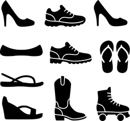 Collection of footwear icons and silhouettes. Vector set of shoes including high heels, sneakers, boots, sandals, flip flops, and roller skates isolated on white background.