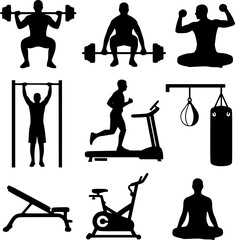 Gym and fitness silhouettes set. Vector illustration of people weightlifting, running on treadmill, doing yoga, and using exercise equipment isolated on white background.