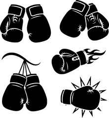 Boxing gloves icons and silhouettes set. Vector illustration of boxing equipment, including gloves with flames and impact effects, isolated on white background.