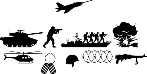 Military and war silhouettes set. Vector collection of soldiers, tank, fighter jet, helicopter, navy ship, and combat equipment isolated on white background.