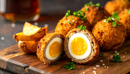 Scotch Eggs on Wooden Board