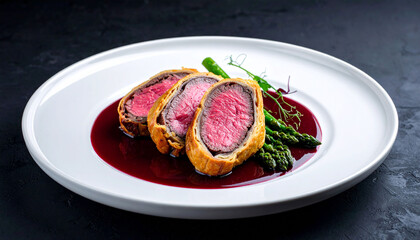Beef Wellington with Red Wine Sauce on White Plate with Dark Background  