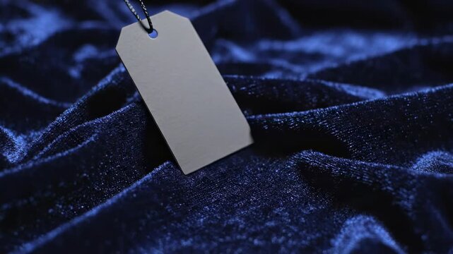 A clean black blank swing tag gracefully dips and slides down the deep, soft folds of luxurious dark silk or velvet fabric textile retail, velvet fabric textile, luxury