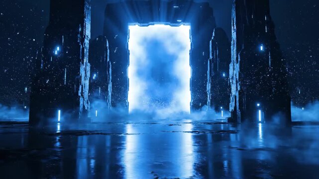 Scifi portal gateway with blue neon lights and fog in dark alien landscape, 4k