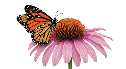 Fototapeta premium Digital Illustration of a Monarch Butterfly Pollinating a Pink Coneflower or Echinacea Isolated on White