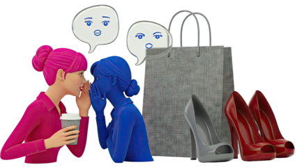 Two women whispering gossip next to shopping bag and high heels