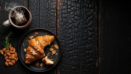 Croissant with Tea and Raw Almonds on Charred Black Wood Background