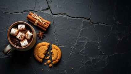 Hot Chocolate with Marshmallows and Broken Cookie on Cracked Stone Surface