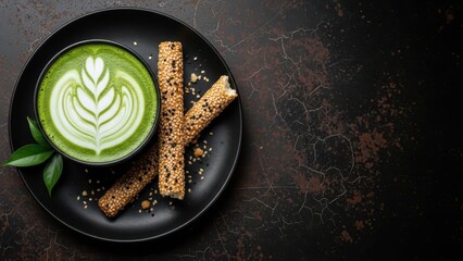 Matcha Green Tea Latte with Sesame Breadsticks on Dark Rusted Background