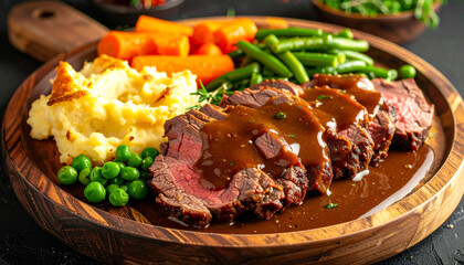 Sunday Roast on Wooden Plate with Dark Background
