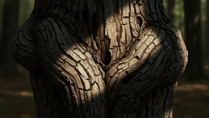Close-up of a gnarled, ancient tree trunk with deep cracks and textured bark, illuminated by dappled sunlight.
