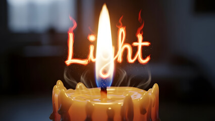 A candle flame artfully forms the word Light with glowing embers and smoke.