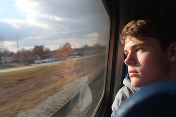 Young teen boy traveler gazes thoughtfully out of a train window, reflecting on the passing landscape, capturing a moment of contemplation and journey