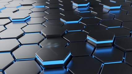 Fototapeta premium Abstract geometric background with dark hexagonal tiles and glowing blue neon accents