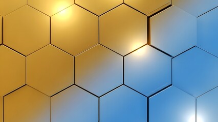 A captivating close up of a hexagonal pattern with a gradient of gold and blue hues