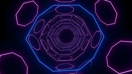 A captivating abstract tunnel of glowing neon lines forming hexagonal patterns and depths