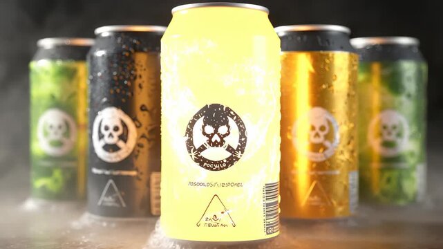 Realistic depiction of six pack beer cans featuring a poison symbol with various colors and condensation against a dark background