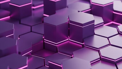 Abstract arrangement of geometric purple and pink illuminated hexagonal and cubic structures