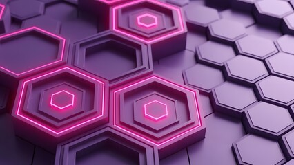 Abstract geometric pattern of dark purple hexagons with glowing pink neon light accents