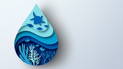 A paper cut water droplet with marine life silhouettes for World Water Day, symbolizing ocean conservation and biodiversity.