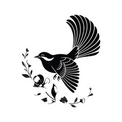 Fototapeta premium Elegant Bird Silhouette Illustration A Black Vector Design of a Bird in Flight Surrounded by Floral Elements on a Clean White Background