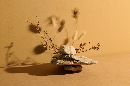 Minimalist composition of balanced stones and dried plants