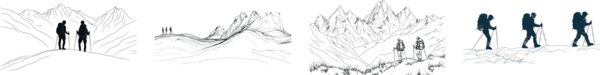 The scene of a man on a mountain, with the sun rising behind him, is reduced to a simple one-line drawing, set on a white background, creating a stylized nature logo in a minimalist line art design