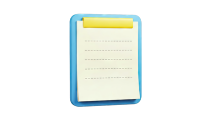 3D Render of a Blue Clipboard with Yellow Clip and Lined Paper