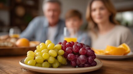 A blurred family enjoys a healthy breakfast with fresh fruit like grapes and oranges