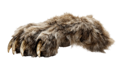 Animal bear clawed paw with long sharp claws and brown fur, powerful wild predator hunting danger concept with transparent background