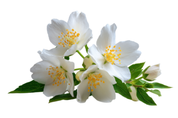 Cluster of white jasmine flowers with yellow stamens and green leaves on black image