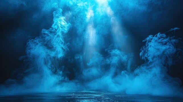 Abstract blue spotlight on dark background, empty stage for product display, blue light beams with smoke and fog effects