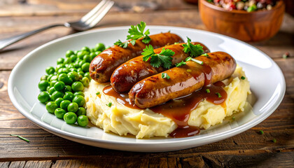 Bangers and Mash on Rustic Wooden Table