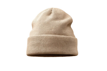 Tan knitted beanie hat with ribbed texture isolated on black background beige