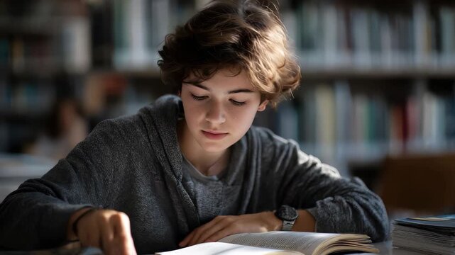 Student focused on reading a book in the library during afternoon study sessions surrounded by shelves of learning materials
