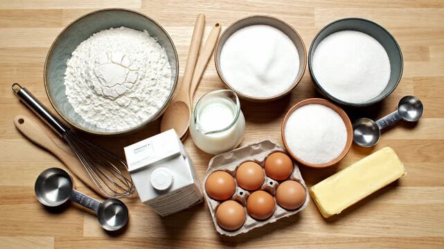A kitchen scene with makeup brushes, a box of pills and blister‑pack pills beside baking ingredients on a wooden table