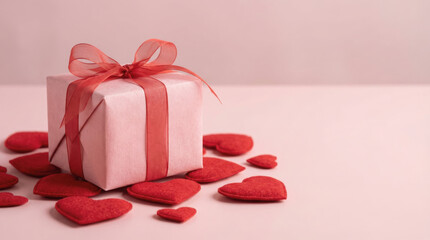 Pink gift box with red bow and hearts on pink background offering eco friendly present for love celebration on valentine day