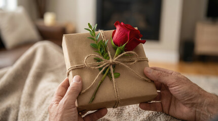 Warm wrinkled hands holding eco friendly gift box with rose for valentine day in cozy home showing love and care
