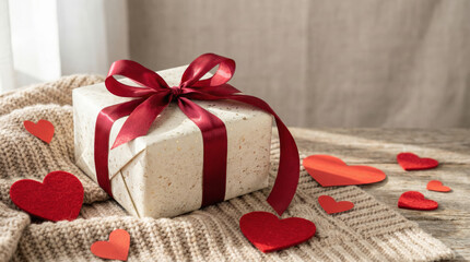 Happy sustainable surprise gift box with red ribbon on cozy knit blanket with paper hearts for eco friendly valentine day celebration concept