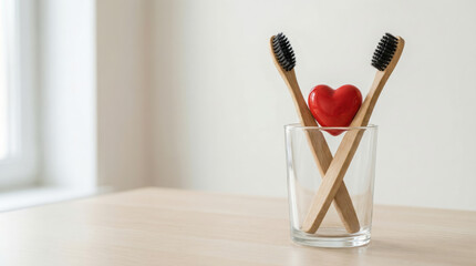 Eco friendly bamboo toothbrush pair with red heart shape for happy valentine day celebration love concept in bathroom