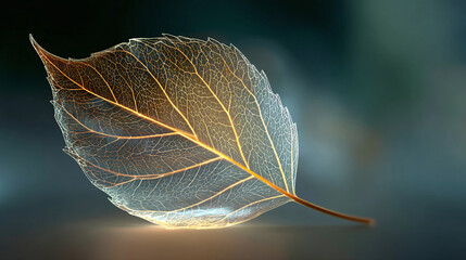 A close-up view of a transparent leaf, with intricate veins illuminated by light