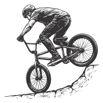Bicycle  rider silhouette performing extreme stunts on a rugged mountain bike trail
