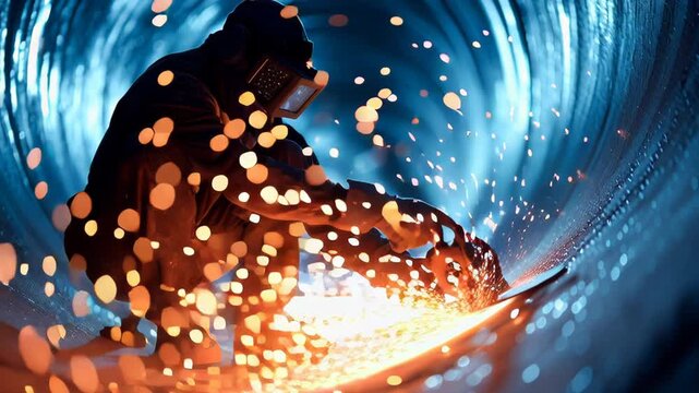 Skilled welder performing metal cutting with sparks flying in a dynamic industrial setting