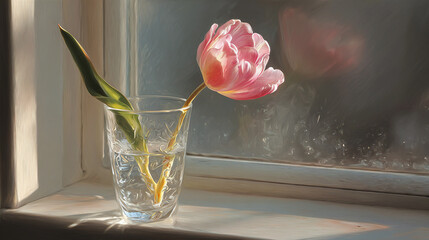 A delicate pink tulip in a transparent glass vase resting on a windowsill, with natural light enhancing its beauty
