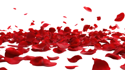 Abstract valentines day scattered red rose petals against transparent backdrop