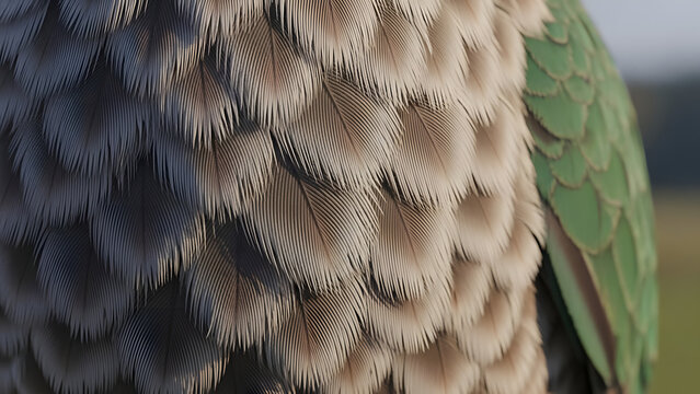 Close-up view of a bird's feathers, showcasing intricate details and a blend of earthy and green tones.