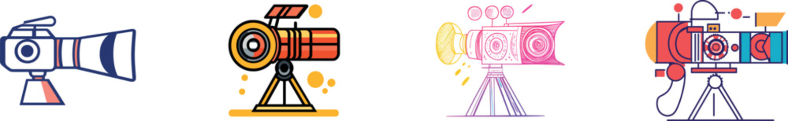 A modern editable line art illustration showcases a continuous one-line drawing of a vintage analog movie projector, paired with a retro classic video player, in a contemporary style