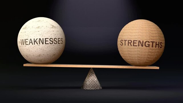 Weaknesses and Strengths in balance - balancing spheres on a scale symbolizing harmony, equity and equilibrium between weaknesses and strengths. Made by human for humans, no AI.