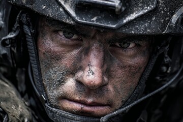 Close-up portrait of a determined soldier with dirt on face, wearing a helmet, showcasing resilience and focus in a challenging environment, embodying strength and courage
